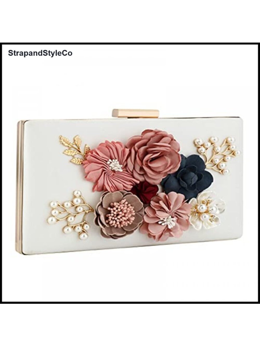 PU Leather Floral Beaded Evening Clutch Crossbody Bag